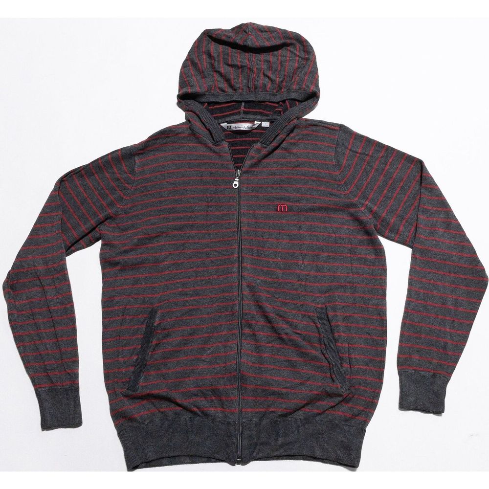 Travis Mathew Hoodie Men's Large Full Zip Knit Rayon Blend Sweatshirt Gray Red